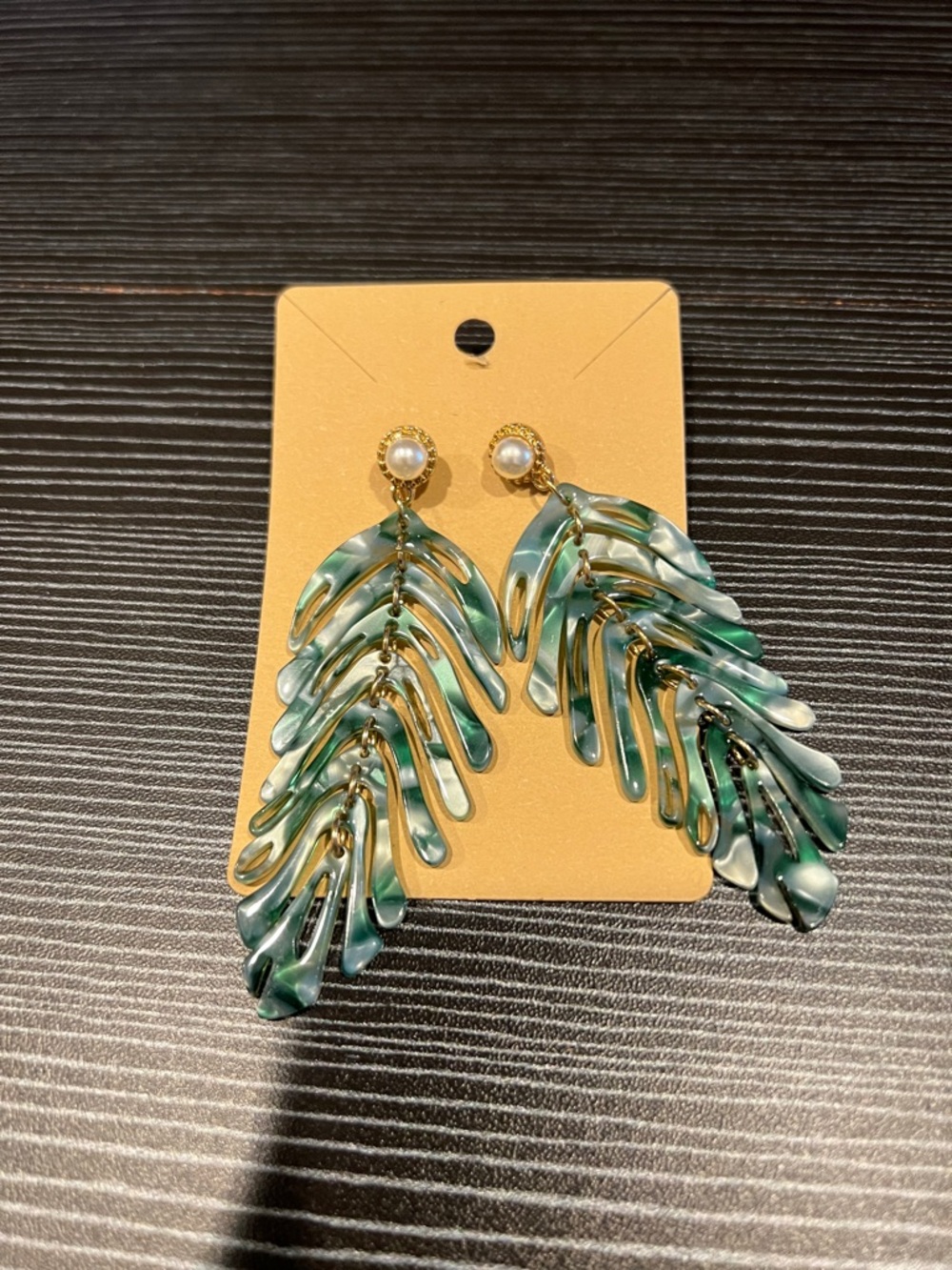 Elegant Green Marbled Leaf Drop Earrings with Pearl Stud